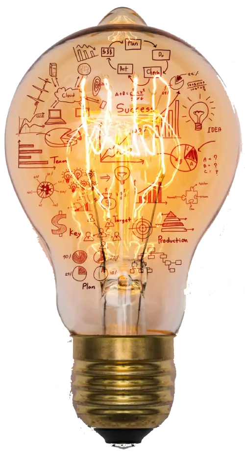 Glowing lightbulb with business strategy sketches and diagrams inside